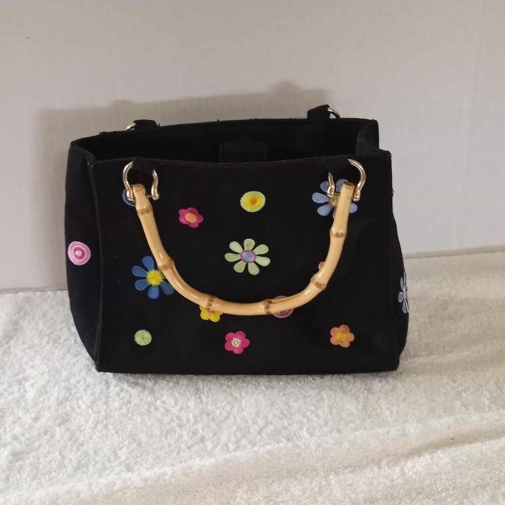 Tianni Black Canvas Purse with simulated Bamboo Handles